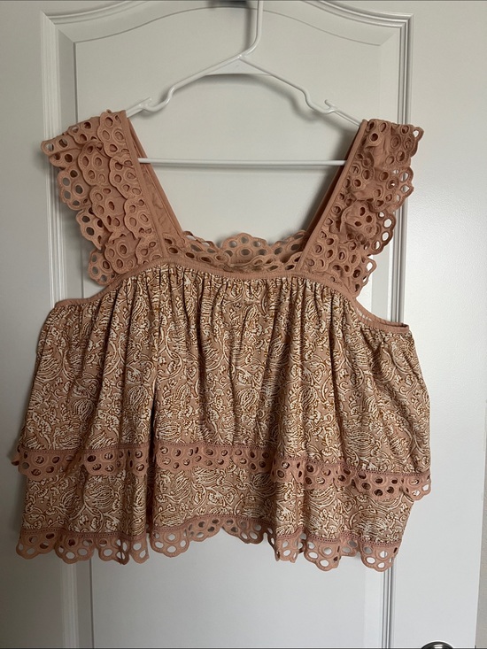 Letmebe Tops - Beige Floral Eyelet-Trim Ruffled Tank Top
